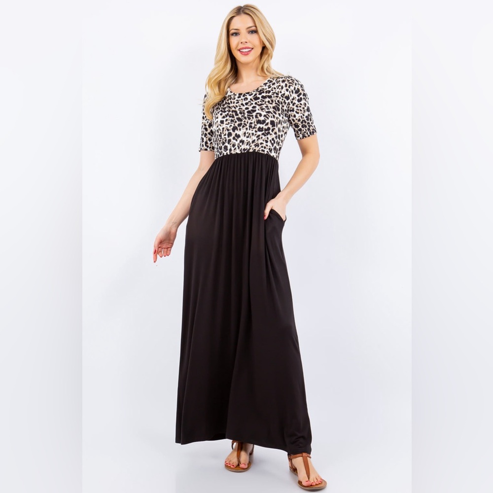Leopard & Black Maxi Dress With Pocket